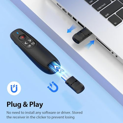 Presentation Clicker for Powerpoint Presenter Remote with Laser Pointer | Wireless Slide Advancer for Computer/Mac/Laptop/PPT, Red Pointer, RF 2.4GHz USB A and Type C Receiver, Plug and Play, Black