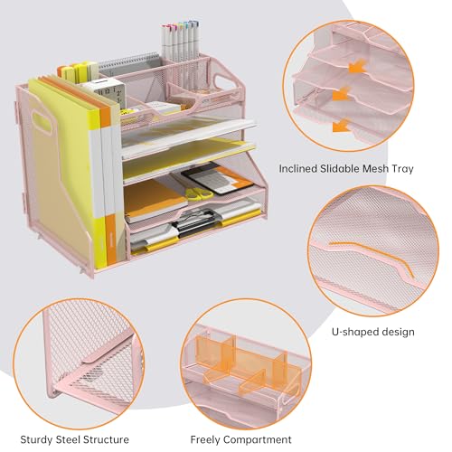 YINGHUA 5-Tier Mesh Desk Organizer and File Holder, Letter Tray - Pink - color: 5 Tier With File Holder-pink