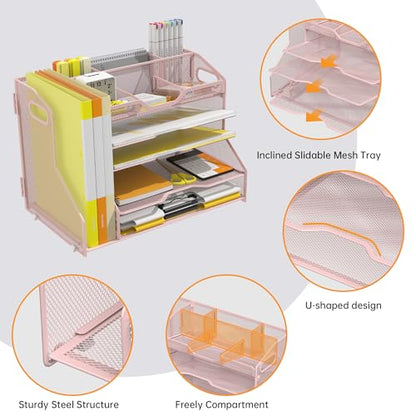 YINGHUA 5-Tier Mesh Desk Organizer and File Holder, Letter Tray - Pink - color: 5 Tier With File Holder-pink