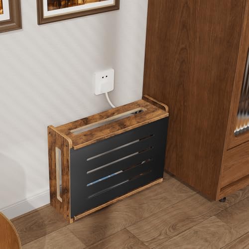 Wooden WiFi Router Box Hider, Wall Mount Router Shelf | Decorative Modem & Power Strip Storage Cabinet with Metal Frame, Internet Cable Management Organizer, Rustic Brown
