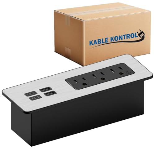 Kable Kontrol Recessed Power Strip Kit with Fast Charging 2 PD65W USB-C Ports, 2 USB-A Ports, 3 Power Desk Outlets, Replaceable Silver Finish Panel Plate Flush Mount Charging Station Grommet - 20 Pcs - color: Black With Silver Finish Plate, size: 20