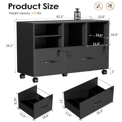 2 Drawer Wood Lateral File Cabinet with Lock, Lockable Rolling Filing Cabinet with Adjustable Storage Shelves, Printer Stand Office Storage Cabinet for Home Office Fits Files Legal/A4, Black - color: Black-2 Drawers