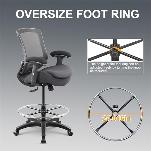400lbs Office Drafting Chair Wide Dual Seat Cushion for High Standing Desk with Lumbar Support and Enlarged Adjustable Footrest-Black - color: Black