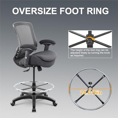 400lbs Office Drafting Chair Wide Dual Seat Cushion for High Standing Desk with Lumbar Support and Enlarged Adjustable Footrest-Black - color: Black