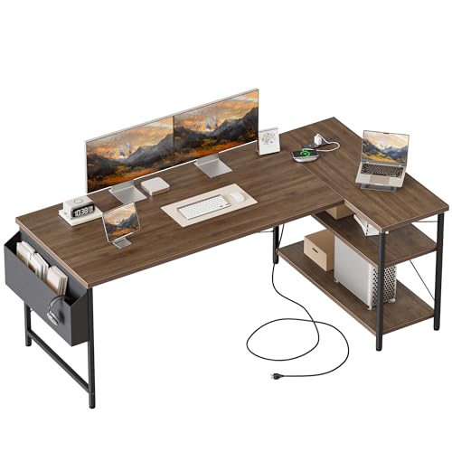 Mericonia 55 inch L Shaped Gaming Desk, Large Corner Desk with Shelves - color: Walnut, size: 54 inch