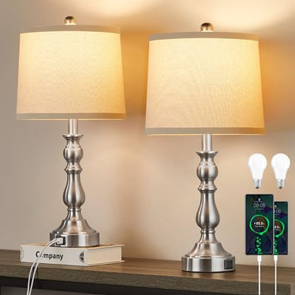 23'' Table Lamps Set of 2, Silver Lamps for Bedroom, USB C+A Ports - color: C.Light Oat, Silver