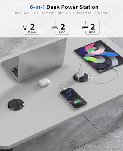 3 inch Desktop Power Grommet with PD 20W USB C,Furniture Recessed Power Strip,2 Outlets,4 USB Ports,40W Total,Flush-Mount for Desktop, Workspace Essential Desk Outlet (Black, 6 FT Cable) - color: Black