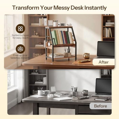 HOOBRO Desk Shelf, 3-Tier Desktop Bookshelf, Tabletop Organizer Storage - color: Rustic Brown