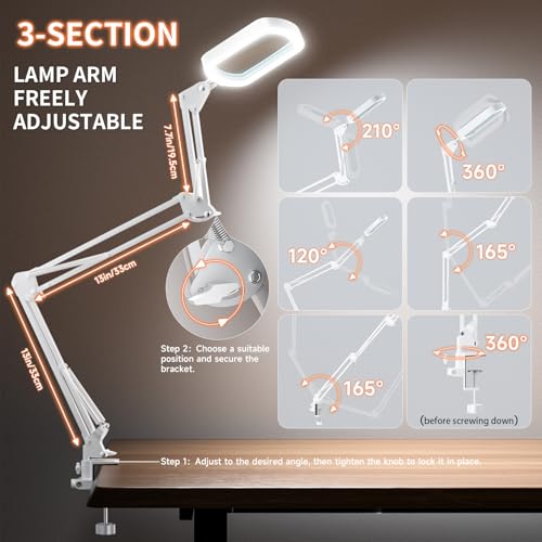 10X Rectangle Magnifying Lamp, Large Magnifying Light with 5 Color Modes | Magnifying Glass with light and Clamp, Hands Free, for Close Work, Crafts, Jeweller Repair, Painting, Hobbies - color: White