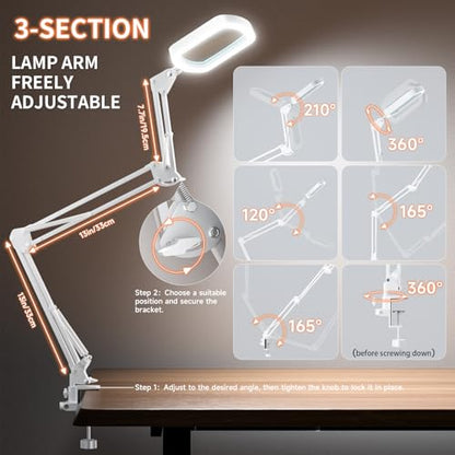 10X Rectangle Magnifying Lamp, Large Magnifying Light with 5 Color Modes | Magnifying Glass with light and Clamp, Hands Free, for Close Work, Crafts, Jeweller Repair, Painting, Hobbies - color: White