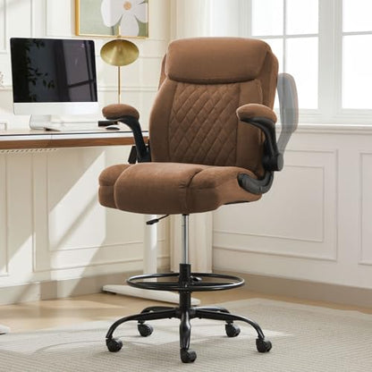 MAHOMICO Drafting Chair for Standing Desk – Tall Office Chair with Adjustable Height & Foot Ring, Flip-Up Arms, Lumbar Support – Comfortable Fabric Seat, Ideal Home Desk Chair - color: Brown