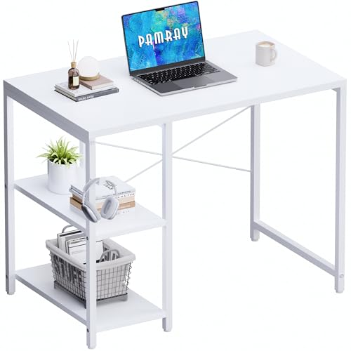 Pamray 32 Inch Small Computer Desk with Shelves for Bedroom Small Spaces | For Home Office, Dorm and Apartment, for Study and Writing, Headphone Hook, Space-Saving, Compact, Easy Setup - color: White