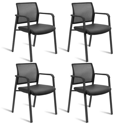 CLATINA Mesh Back Guest Reception Stacking Chair, Waiting Room Stackable Chairs with Upholstered Leather Seat & Ergonomic Lumbar Support for Office Conference School Study Church Lobby, Black, 4 Pack - color: Black_leather, size: 4pack