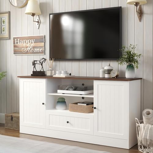 Furnify 63 in Farmhouse TV Stand with Door for TVs up to 70", White | Modern Entertainment Center with Storage Drawer and Open Shelves, Shaker Door TV Console Media Cabinet for Living Room - color: White