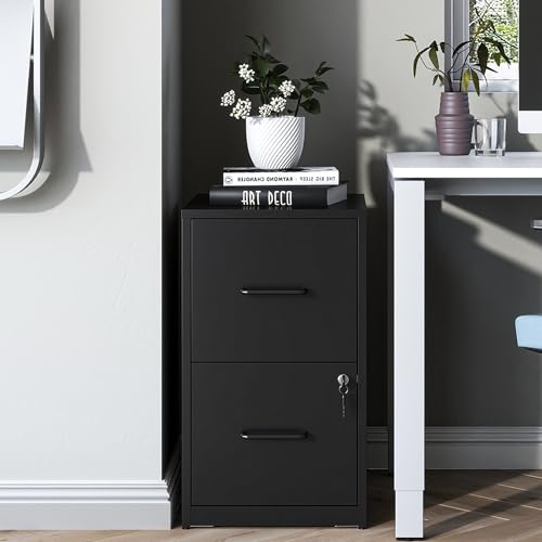 2 Drawer File Cabinet with Lock, Vertical Filing Cabinets for Home Office, Metal Storage Cabinet, Heavy Duty File Cabinet for Under Desk, Amsseble Required, Black - color: Black, size: 2 Drawers-New-Under Desk