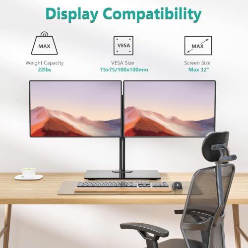 WALI Free Standing Dual Monitor Stand, Height Adjustable Monitor Mount with Glass Base, Fits LCD LED Flat Curved Screen up to 32 inch, 22lbs, with Grommet Base (GMF002) - color: Black (Glass Free Stand), size: Dual