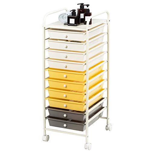 Giantex 10 Drawer Rolling Storage Cart Scrapbook Paper Office School Organizer (Beige+Yellow+Grey) - color: Beige+Yellow+Grey, size: 10 Drawers Small