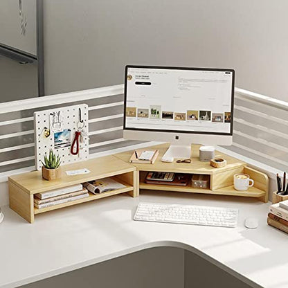 ROYUMI Double Layer Wooden Corner Monitor Stand, Monitor Riser for L Shaped Desk, Corner Laptop Stand with Slots, Space Saving Corner Desk Riser