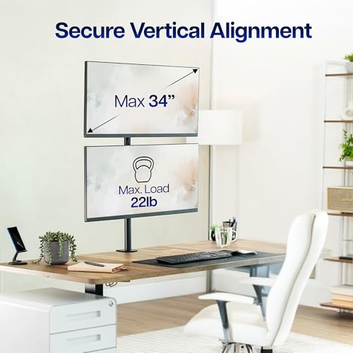 VIVO Dual Vertically Stacked Monitor Desk Mount, Extra Tall Adjustable Stand for 2 Ultrawides up to 34 inches, 22 lbs Capacity, Black, STAND-V002T | Black, Adjustable Monitor Arm, Grommet or C-Clamp Mounting, Vertical Computer Stand for 2 Monitors, Holds