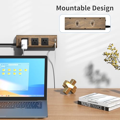 TOPREK Power Strip Surge Protector (1800J), 10 FT Flat Extension Cord with Ultra Thin Flat Plug, 3 Widely-Spaced Outlets with 1 USB-C & 1 USB-A, Wood Finish USB Charging Station for Home, Office, Dorm
