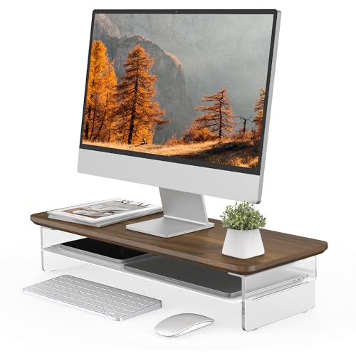Fenge 23.6" Monitor Stand with Clear Acrylic Legs, Brown | Clear Acrylic, Storage Compartment, 2-tier Home Office Monitor Riser, Wide Large Desktop Shelf Fit Monitor/Laptop/Printer - color: Brown, size: 23.6in
