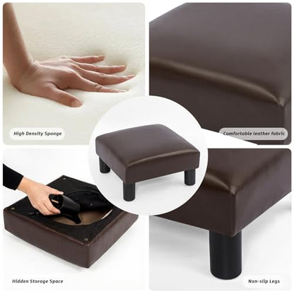 Joveco Small Foot Rest Stool Ottoman, 15" Leather Footrest Square Footstool with Non-Skid Plastic Legs, for Chair, Under Desk, Office, Living Room, Brown - color: Brown