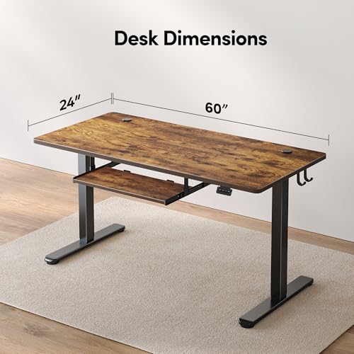 FEZIBO Standing Desk with Keyboard Tray, 60 x 24 Inch Adjustable Height Sit Stand Desk with Memory Presets for Home Office, Ergonomic Computer Workstation, Rustic Brown