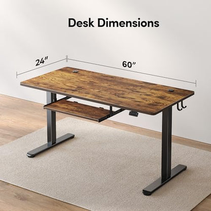 FEZIBO Standing Desk with Keyboard Tray, 60 x 24 Inch Adjustable Height Sit Stand Desk with Memory Presets for Home Office, Ergonomic Computer Workstation, Rustic Brown