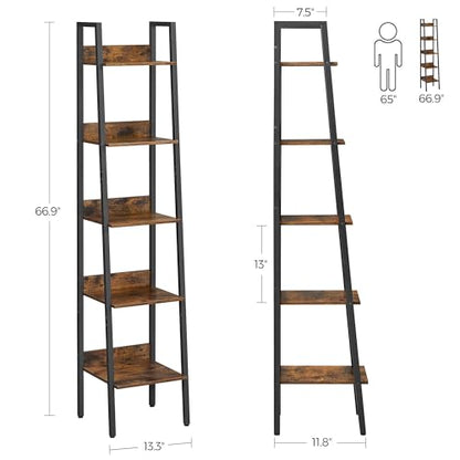 VASAGLE Bookshelf, 5-Tier Narrow Bookcase, Ladder Shelf | For Home Office, Living Room, Bedroom, Kitchen, Rustic Brown and Matte Black, BARNET Collection ULLS109B01 - color: Rustic Brown + Ink Black, size: 5 Tiers (13.3"W), style: With back panels