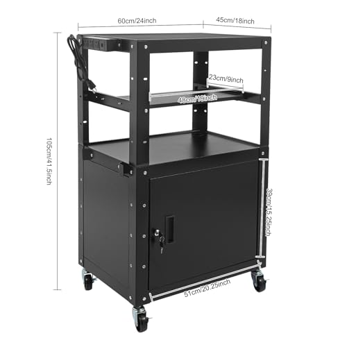 Height Adjustable Mobile AV Cart with Lockable Cabinet, Heavy Duty Rolling Presentation Workstation with Power Outlet & USB Ports, Pull-Out Laptop Tray for Office Classroom Home - size: 24x18x41.5in
