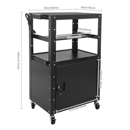 Height Adjustable Mobile AV Cart with Lockable Cabinet, Heavy Duty Rolling Presentation Workstation with Power Outlet & USB Ports, Pull-Out Laptop Tray for Office Classroom Home - size: 24x18x41.5in