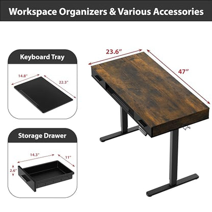 SHW 48-Inch Electric Height Adjustable Desk w/Keyboard Tray, Rustic Brown | w/ 2 Drawers | Memory Presets and Cable Management | Hanging Hooks - color: Rustic Brown