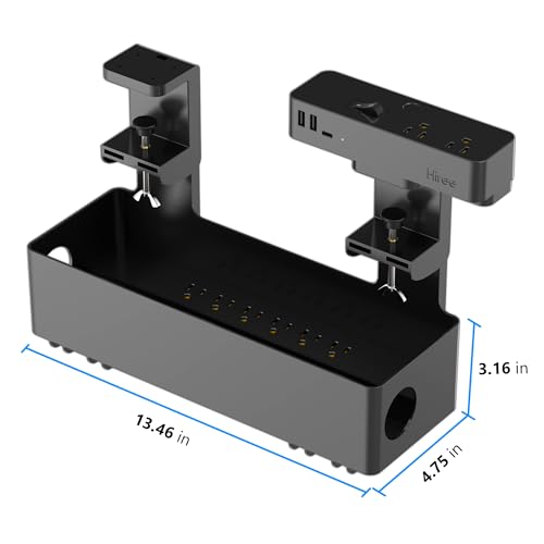 Hiree Under Desk Cable Management Tray with 8 AC Outlets, 2 USB & 1 USB-C Ports - Clamp Mount Storage Basket Organizer, No-Drill Wire Cord Management for Standing Desk Home Office（Black）