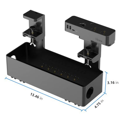 Hiree Under Desk Cable Management Tray with 8 AC Outlets, 2 USB & 1 USB-C Ports - Clamp Mount Storage Basket Organizer, No-Drill Wire Cord Management for Standing Desk Home Office（Black）