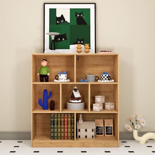 7-Cube Wooden Bookcase,3-Tier Freestanding Storage Cubes with Base,Multi-Purpose Open Shelving for Books,Toys,Bins,Decor – Home Office,Bedroom,Living Room Organizer (Oak, 7-Cube) - color: Oak, size: 7-Cube
