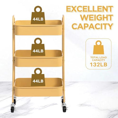 AGTEK 3 Tier Rolling Cart with Lockable Wheels, Metal Utility Cart, Multifunctional Storage for Kitchen, Office, Living Room, Makeup, Craft, Art Studio, Khaki - color: Khaki