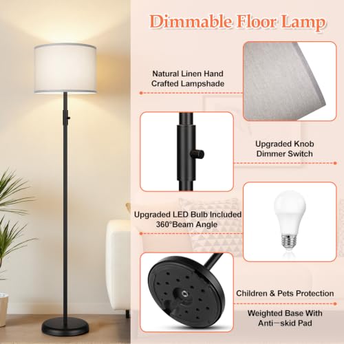 Floor Lamp Simple Design with Shade, Small Tall Lamps for Living Room Bedroom Office Dining Room Kitchen, Black Pole Lamp-Gray - color: Black-Gray Linen Shade