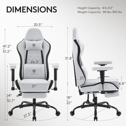 Gaming Chair,Office Chair with Footrest,Massage,Grey Black | Breathable Fabric,Gel Pad,Ergonomic,Spring Cushion,High Back,2D Adjustable Arms,Reclining,Lumbar Support,Headrest,Gamer Chair - color: Grey Black