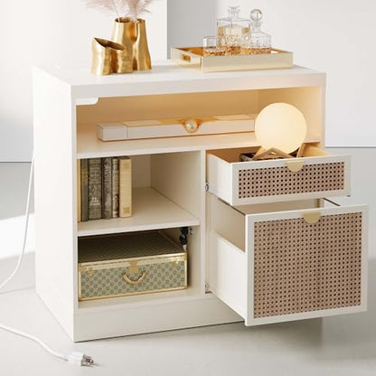 2 Drawers Storage File Cabinet with Lock & Outlet, 31.5W*29.4H | Wood Filing Cabinet for Home Office with Storage Shelves, Printer Stand & Credenza, Fits A4/Letter Size, AC/USB, White Rattan