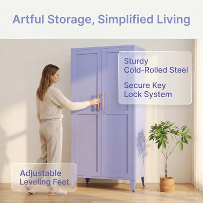 61" Purple Metal Storage Cabinet, Lockable 2-Door Tall Locker with 3 Adjustable Shelves, Freestanding Steel Utility Cabinet for Bedroom, Office, Living Room, 61" H x 27.6" W x 13.8" D - color: Purple, style: 61"H-Cabinet-YX