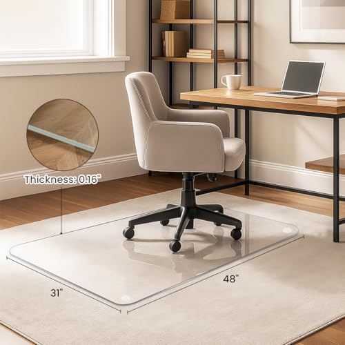 VASUHOME Heavy-Duty Tempered Glass Chair Mat, 31 x 48 Inch Large Office Floor Mat for Carpet or Hardwood Floors, 1/5" Thick with 12 Anti-Slip Pads - size: 31" x 48" w/o Lip