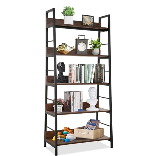 Himimi Industrial Bookshelf,Ladder Shelf 5 Tier Large Bookcases Floor Freestanding Storage Rack Leaning Book Shelves,Plants Flower Stands with Metal Frame for Living Room, Home Office, Rustic Brown - color: Brown, size: Large