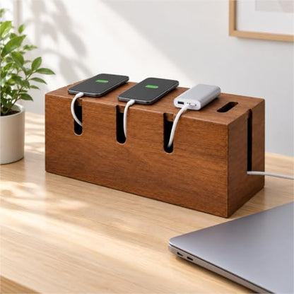 Large Acacia Wood Cable Management Box for Power Strips - color: Natural Brown