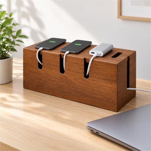 Large Acacia Wood Cable Management Box for Power Strips - color: Natural Brown