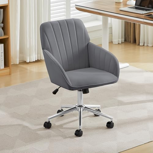 YITAI Velvet Office Desk Armchairs with Silver Base and Wheels,Modern Height Adjustable 360 Degree Swivel Upholstered Vanity Chairs for Living/Room Bedroom/Study,Gray - color: Silver Gray