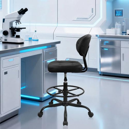 Drafting Stool with Backrest, Tall Adjustable Height Office Chair, PU Leather Swivel Rolling Stool with Footrest & Wheels for Standing Desk, Bar, Salon, Spa, Lab, Counter, Home, Black，4PK - color: Black With Backrest, size: 4PK