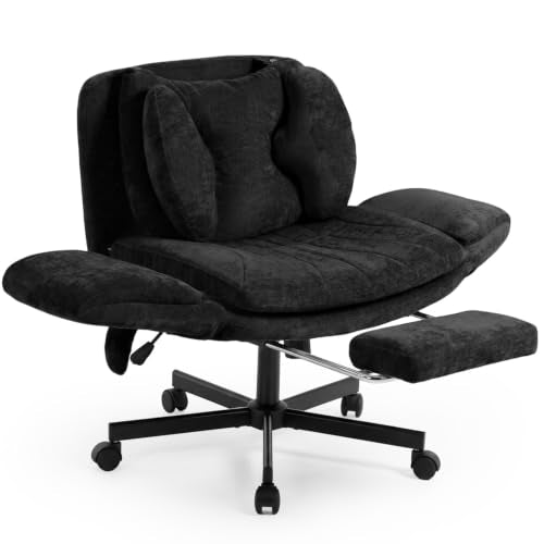 Criss Cross Office Chair with Footrest and 5-Gear Adjustable Arms, Black | Wide seat cross-legged desk chair, flip lumbar pillow, airbag support, linen fabric, for home office, vanity and meditation - color: Black-linen