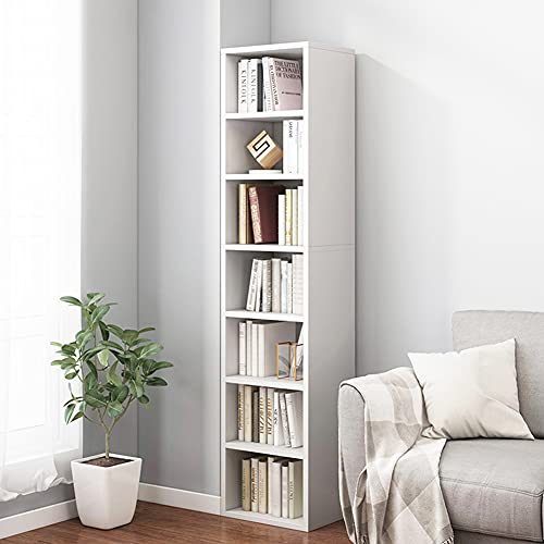 IOTXY Small Narrow Corner Bookcase - 59" Tall Gap Storage Cabinet, White | Modern Minimalist Style, MDF Material, Adjustable Shelves, 7 Cubes Open Bookshelf, Floor Tower Rack, Space-Saving Organizer - color: White, size: 7-Cubes without Door