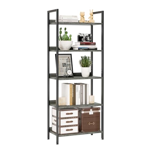 NUMENN Bookshelf, 5 Tier Freestanding Shelving Unit, Dark Grey | Metal Frame & Wood Shelves, Falling Prevention Baffle, Open Storage Bookcase for Bedroom, Living Room & Home Office - color: Dark Grey, size: 5 Tier(Wide)