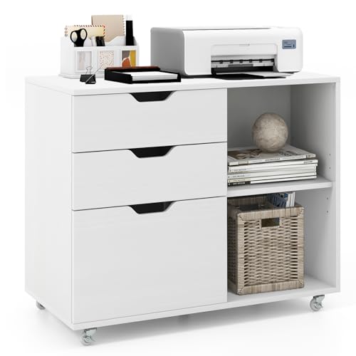 3 Drawer File Cabinet, Wood Lateral Filing Cabinet for Hanging Letter, A4, Legal Size, Rolling Printer Stand with Adjustable Shelf, Under Desk Storage for Home Office (White) - color: White, size: 32” x 16” x 26”